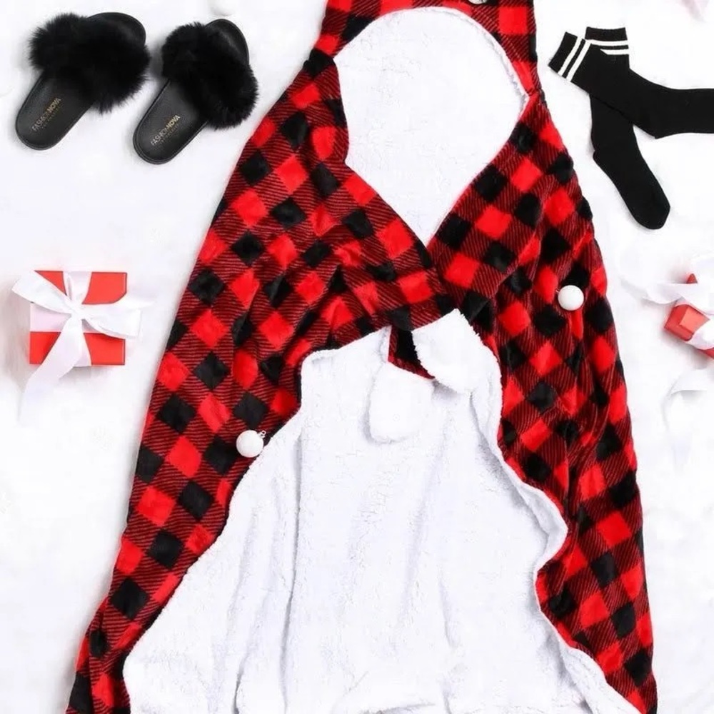 Red and Black Plaid Hooded Blanket